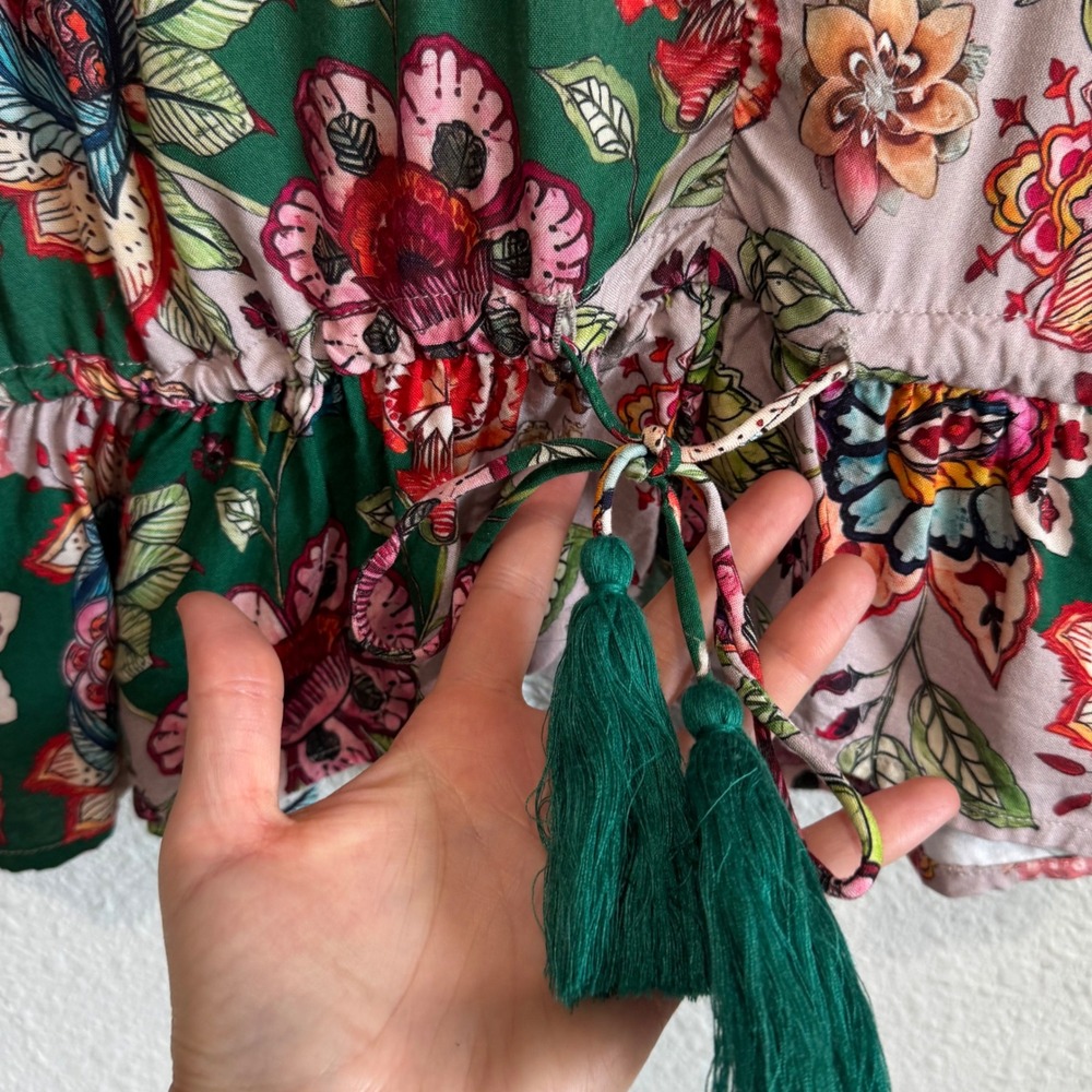 Natural Life Floral Boho Peplum Top Green‎ Pink Tassels Ruffle V-Neck Large Boho - Picture 6 of 9